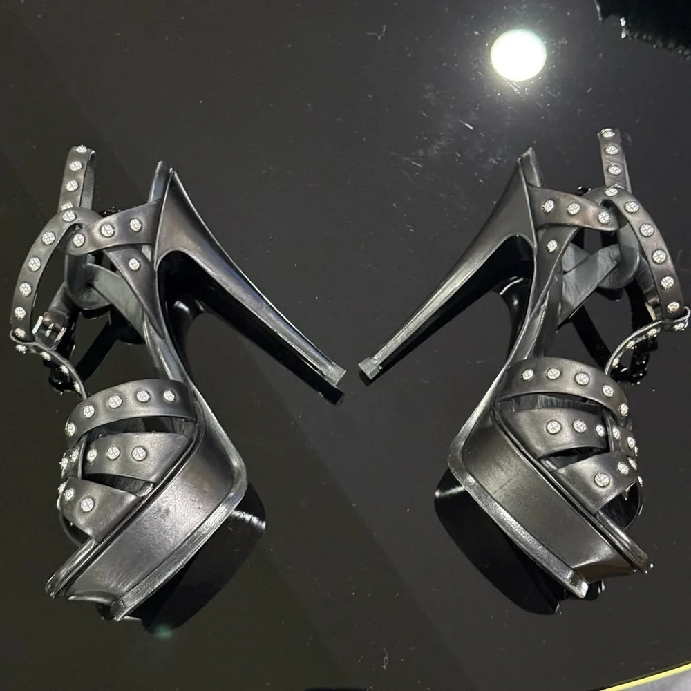 Saint Laurent TRIBUTE SILVER STUDDED Sandals RARE/ EUC - Picture 6 of 14